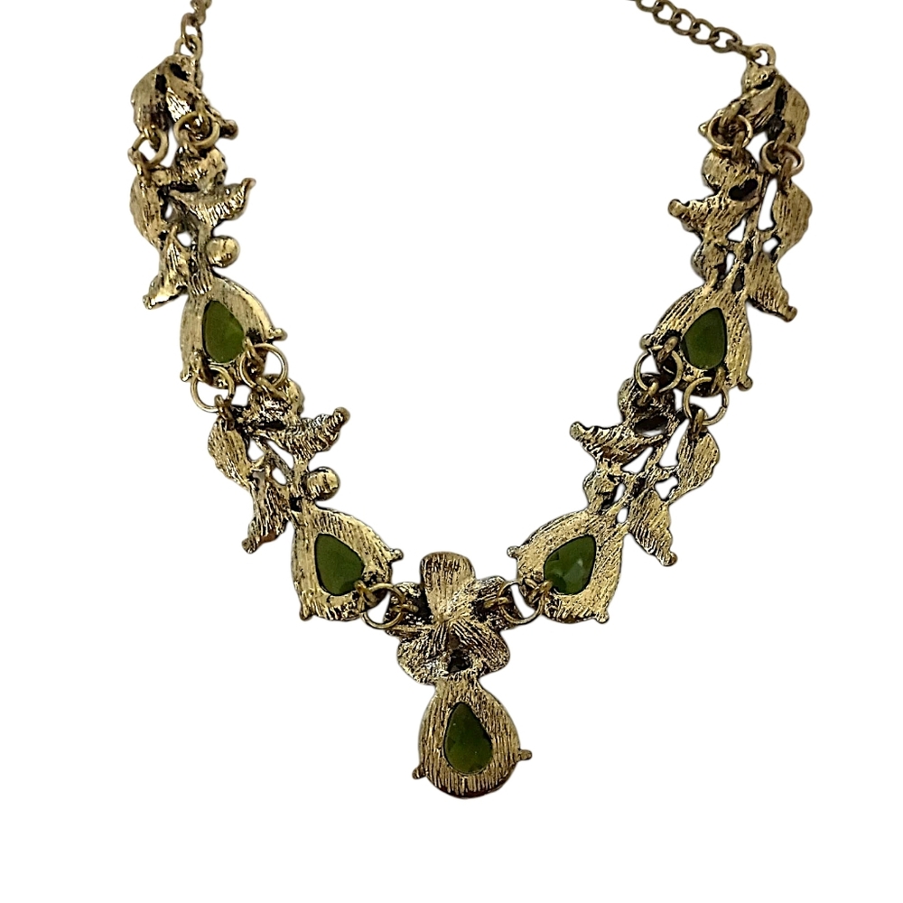 Vintage Rhinestone Floral Leaf Necklace Y Drop Green Gold MCM Fairy‎ Whimsigoth - Picture 7 of 16